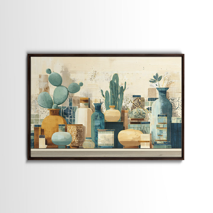 Warm Neutral Cactus Garden Illustration Framed Canvas Print, Boho Art, Boho Decor, Living Room Decor, Fine Art, Bohemian, BOH-3x2-70