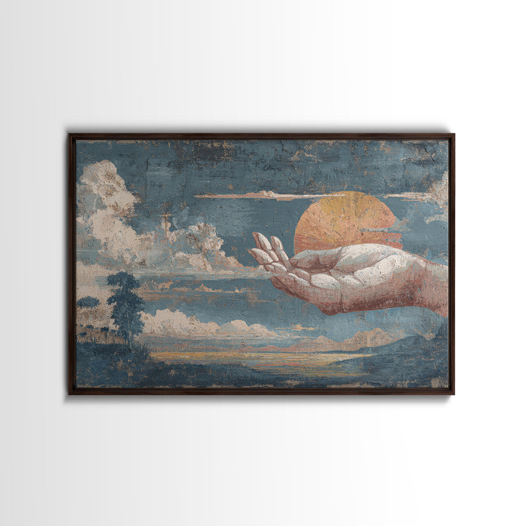 Mystic Hand Holding a Tiny Sun Framed Canvas Print, Boho Art, Statement Artwork, Living Room Decor, Oil Painting, Bohemian, BOH-3x2-82