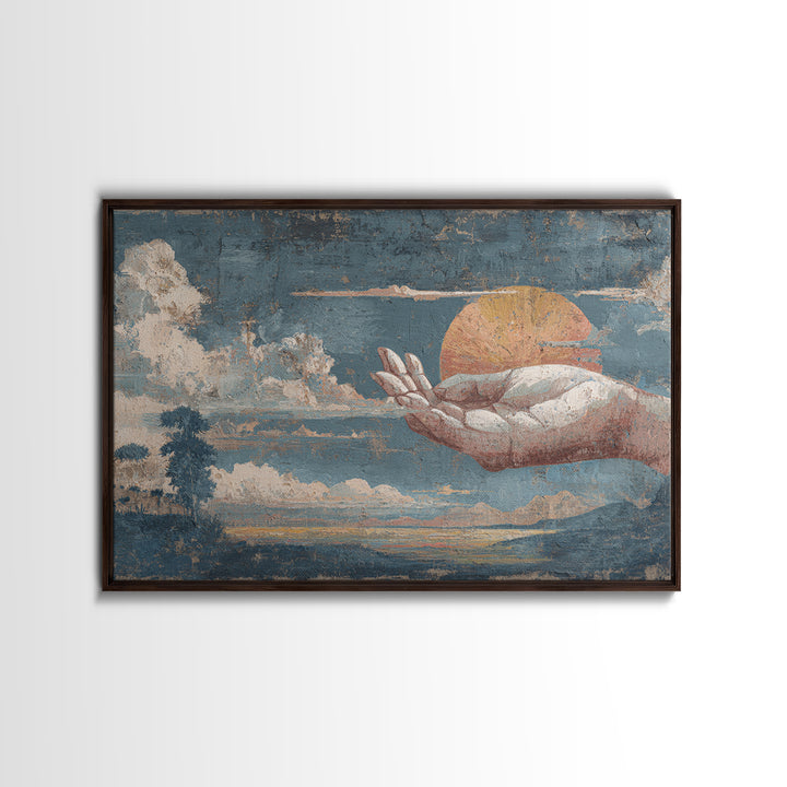 Mystic Hand Holding a Tiny Sun Framed Canvas Print, Boho Art, Statement Artwork, Living Room Decor, Oil Painting, Bohemian, BOH-3x2-82