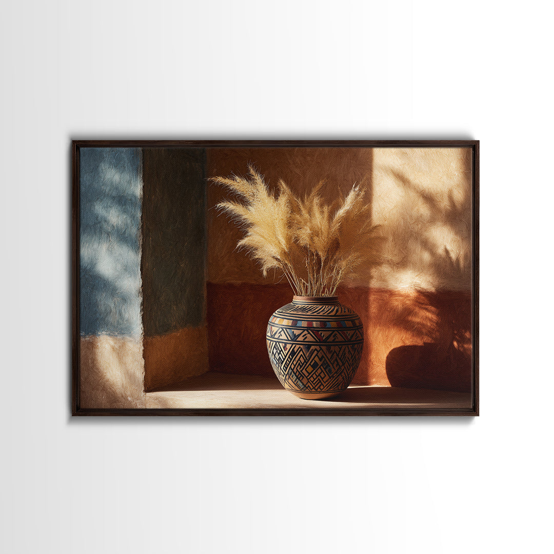 Bohemian Vase with Dried Pampas Grass Framed Canvas Print, Boho Art, Wall Art, Living Room Decor, Fine Art, Bohemian, BOH-3x2-85