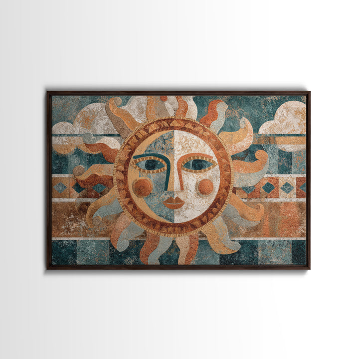 Sun and Moon Celestial Folk Motif Framed Canvas Print, Boho Art, Wall Art Set, Living Room Decor, Fine Art, Bohemian, BOH-3x2-86