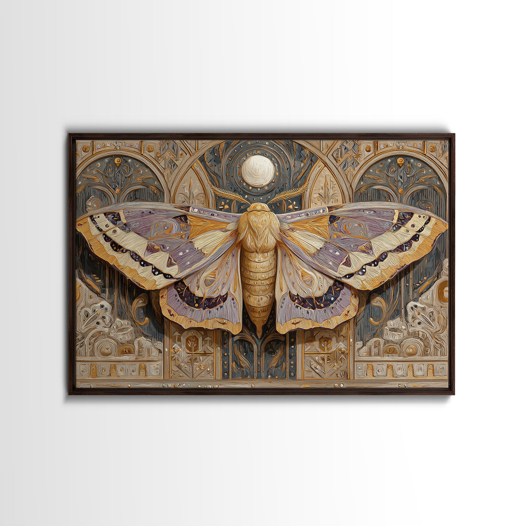 Golden Moth with Moon and Stars Canvas Print, Boho Art, Art, Living Room Decor, Fine Art, Bohemian, Wallart, Art Nouveau, BOH-3x2-93