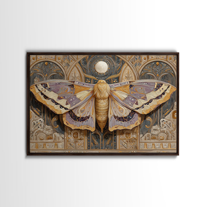 Golden Moth with Moon and Stars Canvas Print, Boho Art, Art, Living Room Decor, Fine Art, Bohemian, Wallart, Art Nouveau, BOH-3x2-93