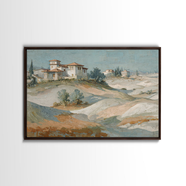 Sunrise over Rolling Dunes in Muted Peach Framed Canvas Print, Boho Art, Living Room Decor, Watercolor Art, Bohemian, BOH-3x2-97