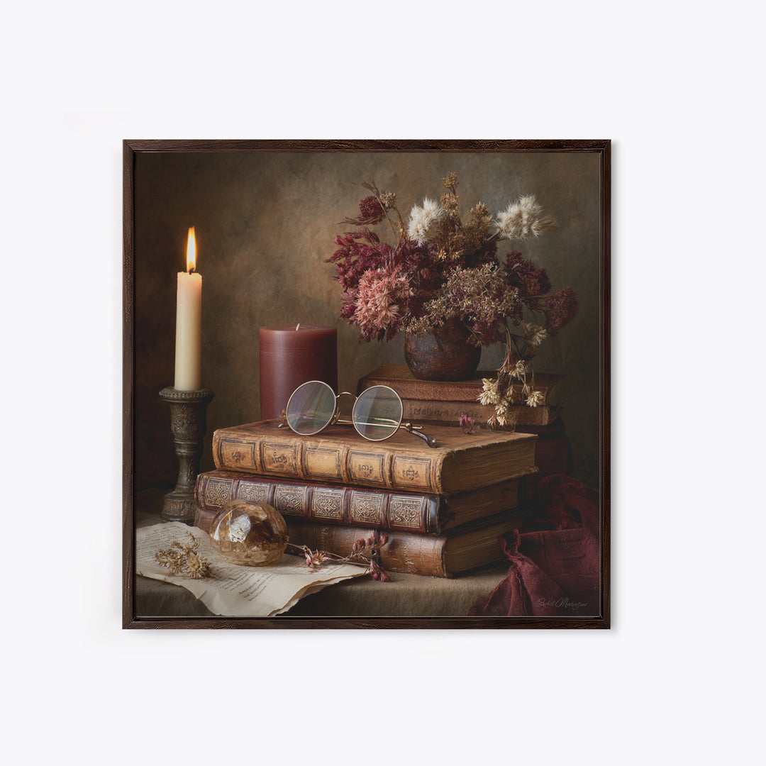 Dark Academia Candle and Book Still Life Canvas Print, Bookstore Art, Feminine Wall Art, Bookstore Decor, Literary, Art Print, BOO-1x1-34
