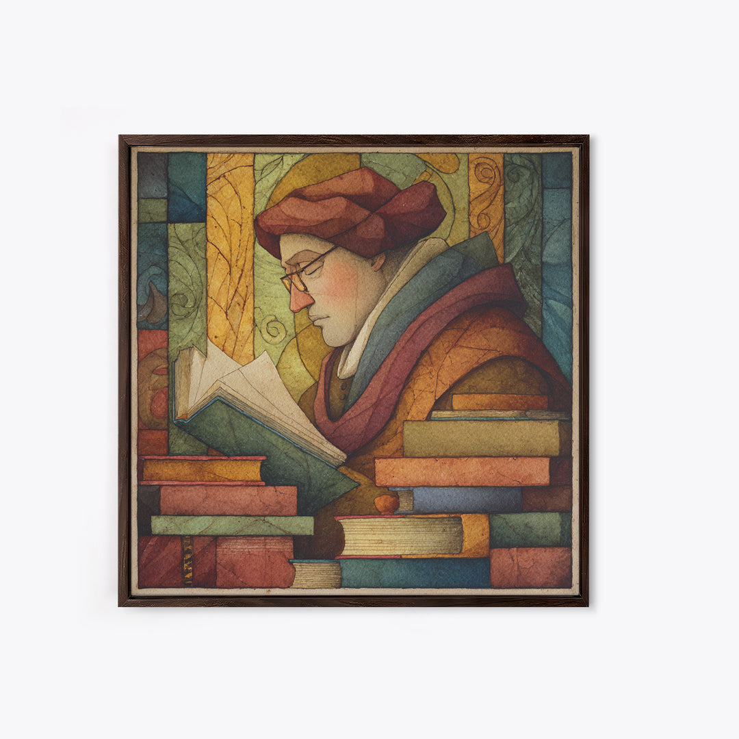 Renaissance Scholar Portrait Framed Canvas Print, Bookstore Art, Gallery Wall Art, Bookstore Decor, Fine Art, Literary, BOO-1x1-47