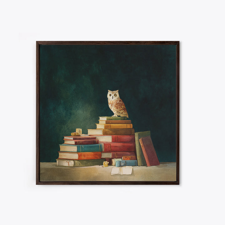 Owl Perched on a Stack of Classics Framed Canvas Print, Bookstore Art, Fine Art Print, Bookstore Decor, Abstract Art, Literary, BOO-1x1-57