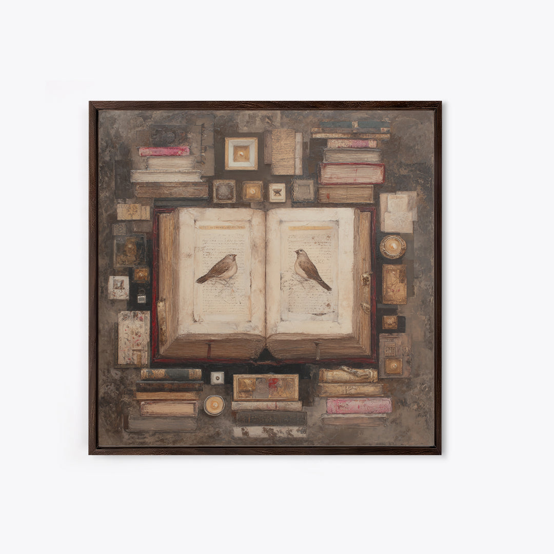 Flying Pages Transforming into Birds Framed Canvas Print, Bookstore Art, Autumn Wall Art, Bookstore Decor, Oil Painting, BOO-1x1-61