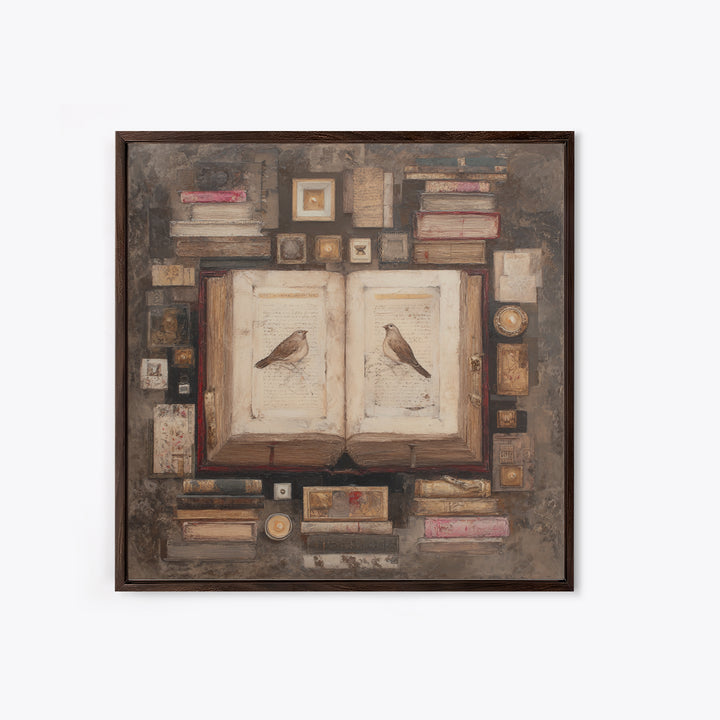 Flying Pages Transforming into Birds Framed Canvas Print, Bookstore Art, Autumn Wall Art, Bookstore Decor, Oil Painting, BOO-1x1-61