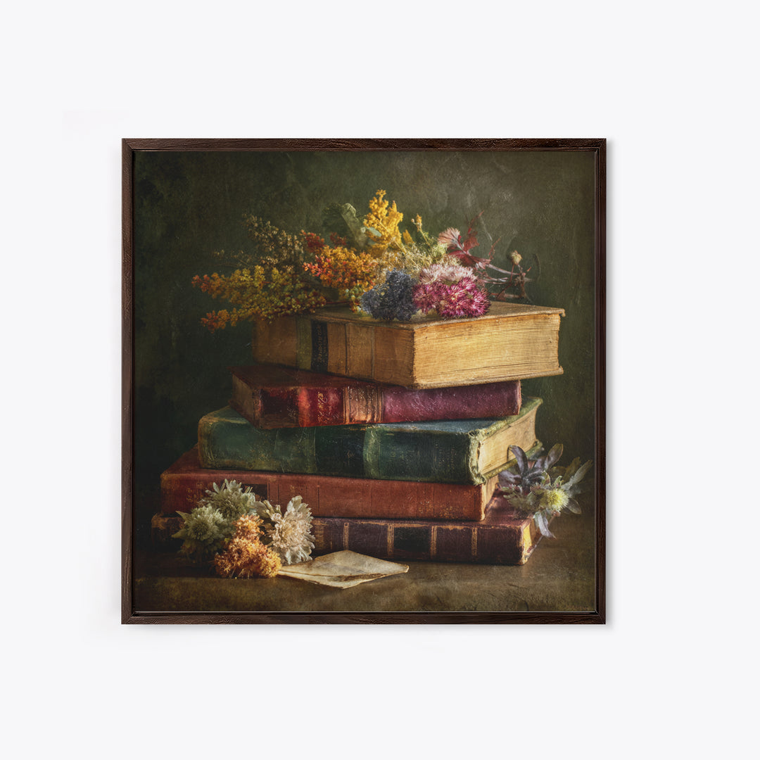 Stack of Antique Books Framed Canvas Print, Bookstore Art, Luxury Decor, Bookstore Decor, Fine Art, Literary, Pink Wall Art, BOO-1x1-73