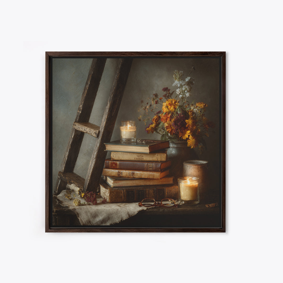 Old Library Ladder and Books Framed Canvas Print, Bookstore Art, Gallery Decor, Bookstore Decor, Fine Art, Literary, BOO-1x1-78