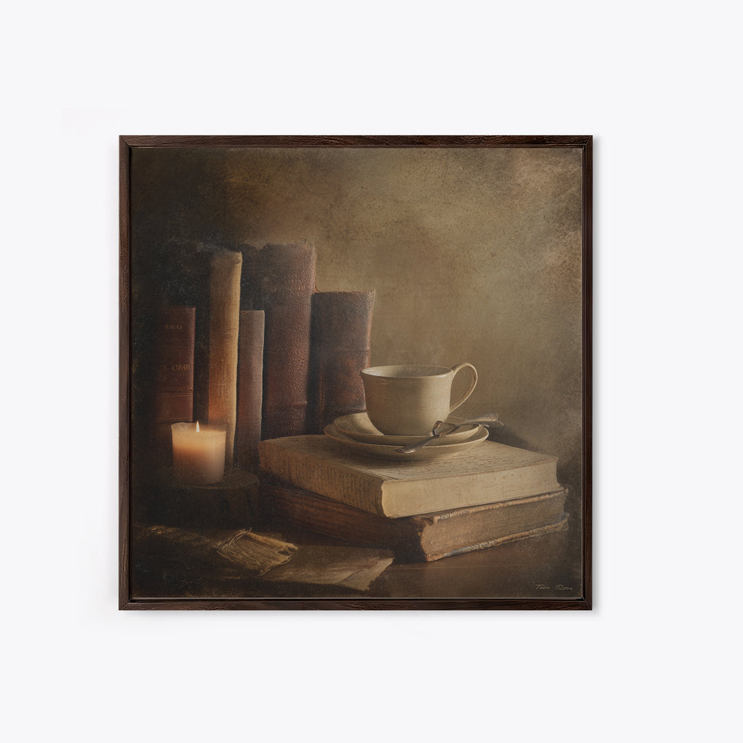 Teacup Beside a Worn Leather Bound Book Framed Canvas Print, Bookstore Art, Neutral Decor, Bookstore Decor, Fine Art, Literary, BOO-1x1-80