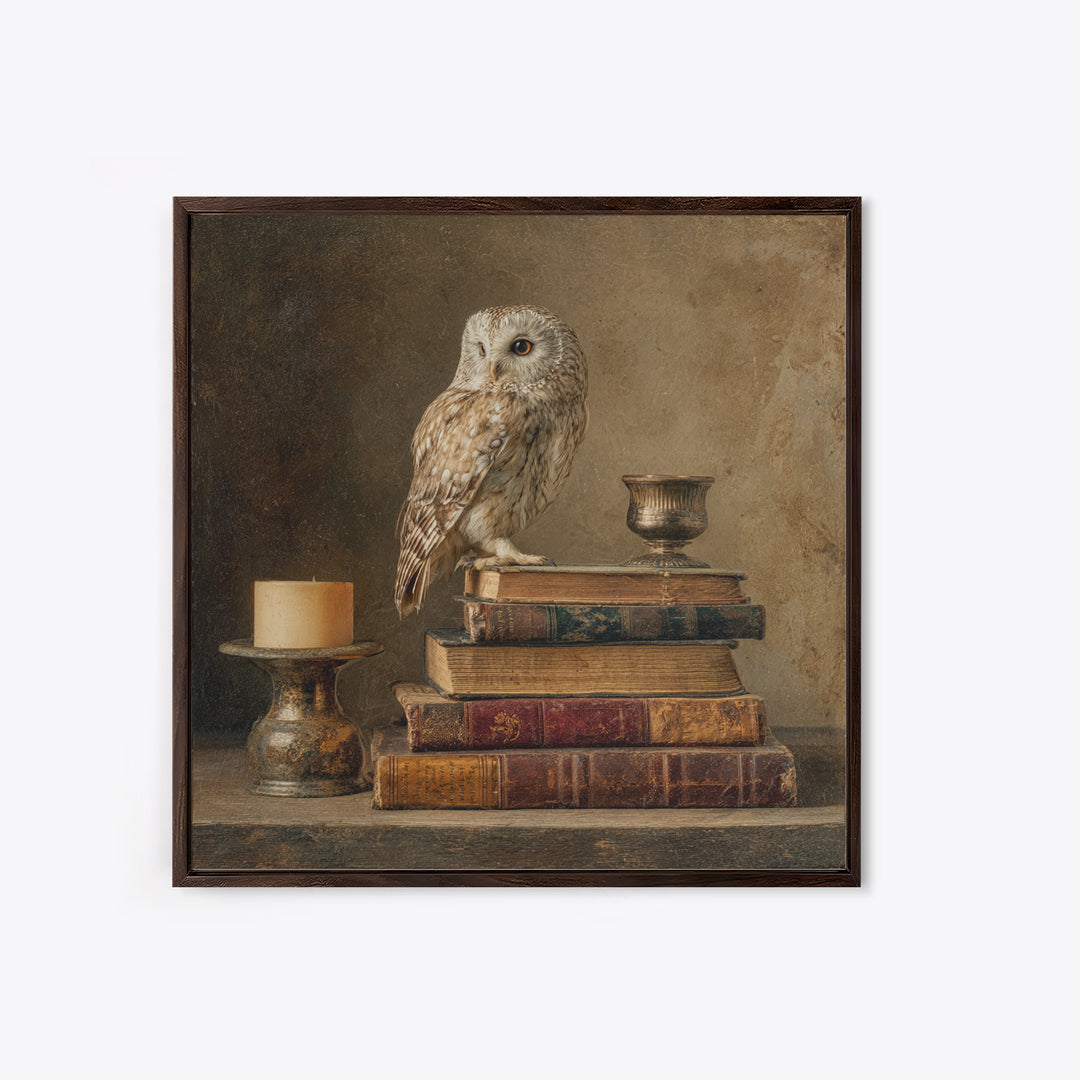 Owl Perched on a Stack of Classics Canvas Print, Bookstore Art, Textured Painting, Bookstore Decor, Fine Art, Literary, BOO-1x1-81