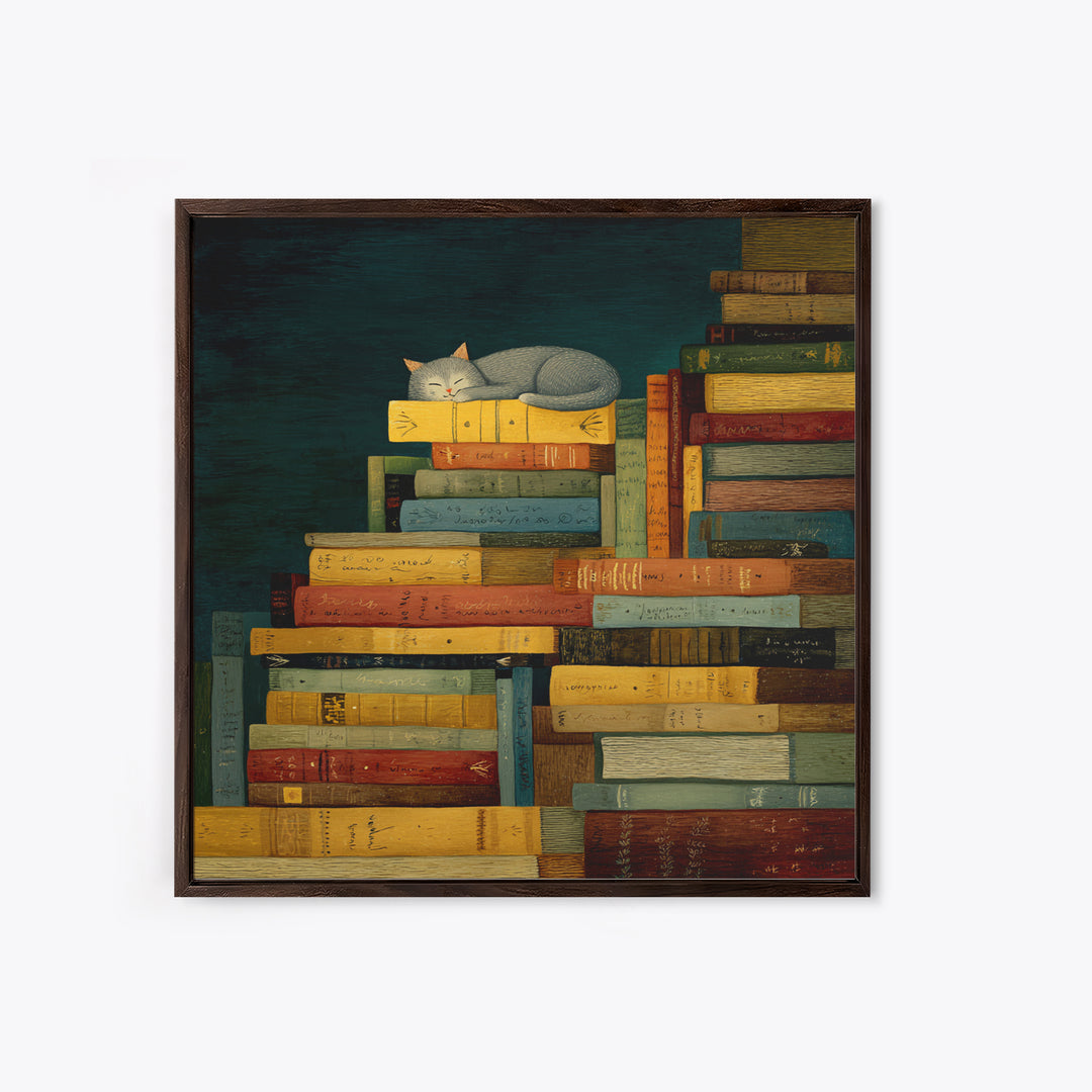 Cat Sleeping on a Pile of Novels Canvas Print, Bookstore Art, Statement Artwork, Bookstore Decor, Fine Art, Literary, BOO-1x1-98
