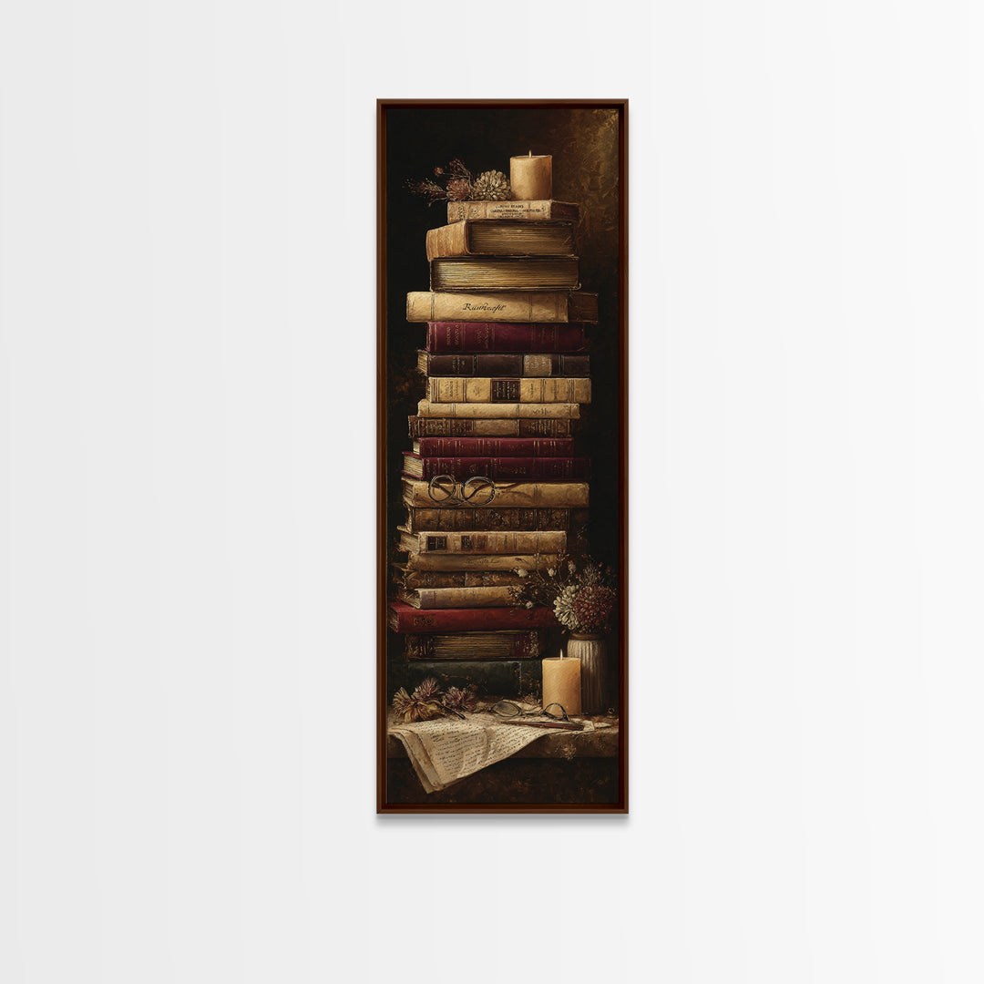 Warm Sepia Book Pile Canvas Print, Bookstore Art, Printable Wall Art, Bookstore Decor, Abstract Art, Literary, Whimsical Art, BOO-1x3-60