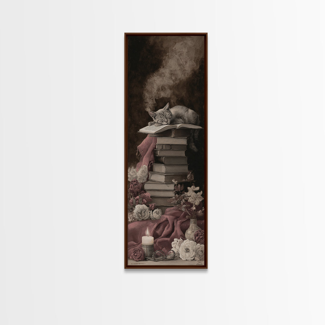 Cat Sleeping on a Pile of Novels Framed Canvas Print, Bookstore Art, Wall Decor, Bookstore Decor, Fine Art, Literary, BOO-1x3-62