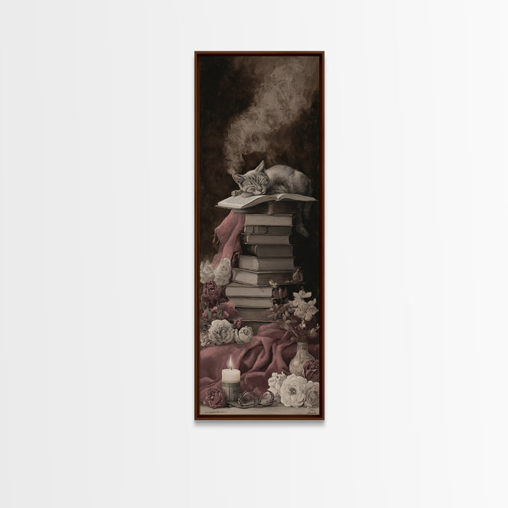 Cat Sleeping on a Pile of Novels Framed Canvas Print, Bookstore Art, Wall Decor, Bookstore Decor, Fine Art, Literary, BOO-1x3-62