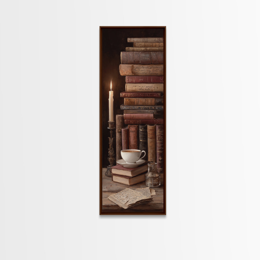Teacup Beside a Worn Leather Bound Book Canvas Print, Bookstore Art, Library Decor, Bookstore Decor, Fine Art, Literary, BOO-1x3-68