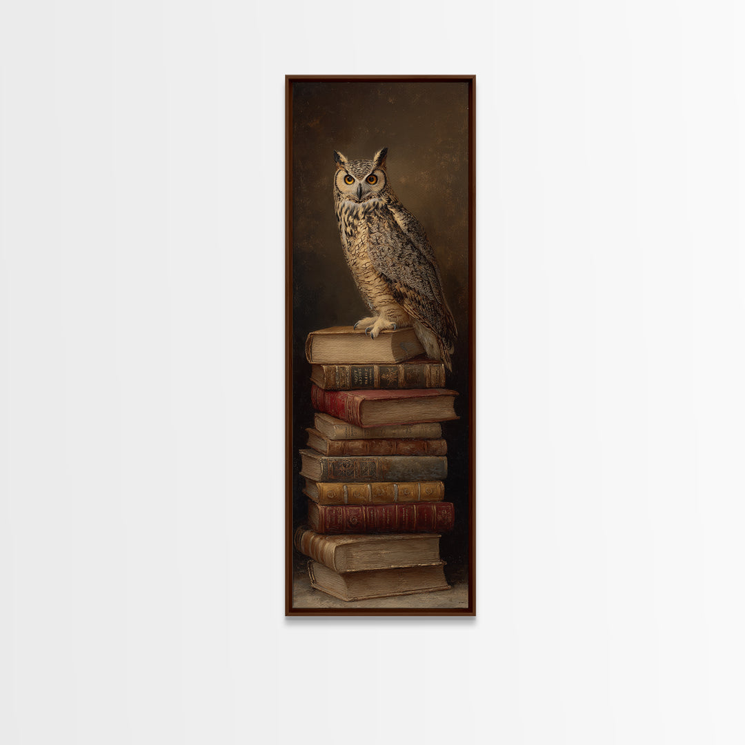 Owl Perched on a Stack of Classics Framed Canvas Print, Bookstore Art, Boho Decor, Bookstore Decor, Oil Painting, Literary, BOO-1x3-69