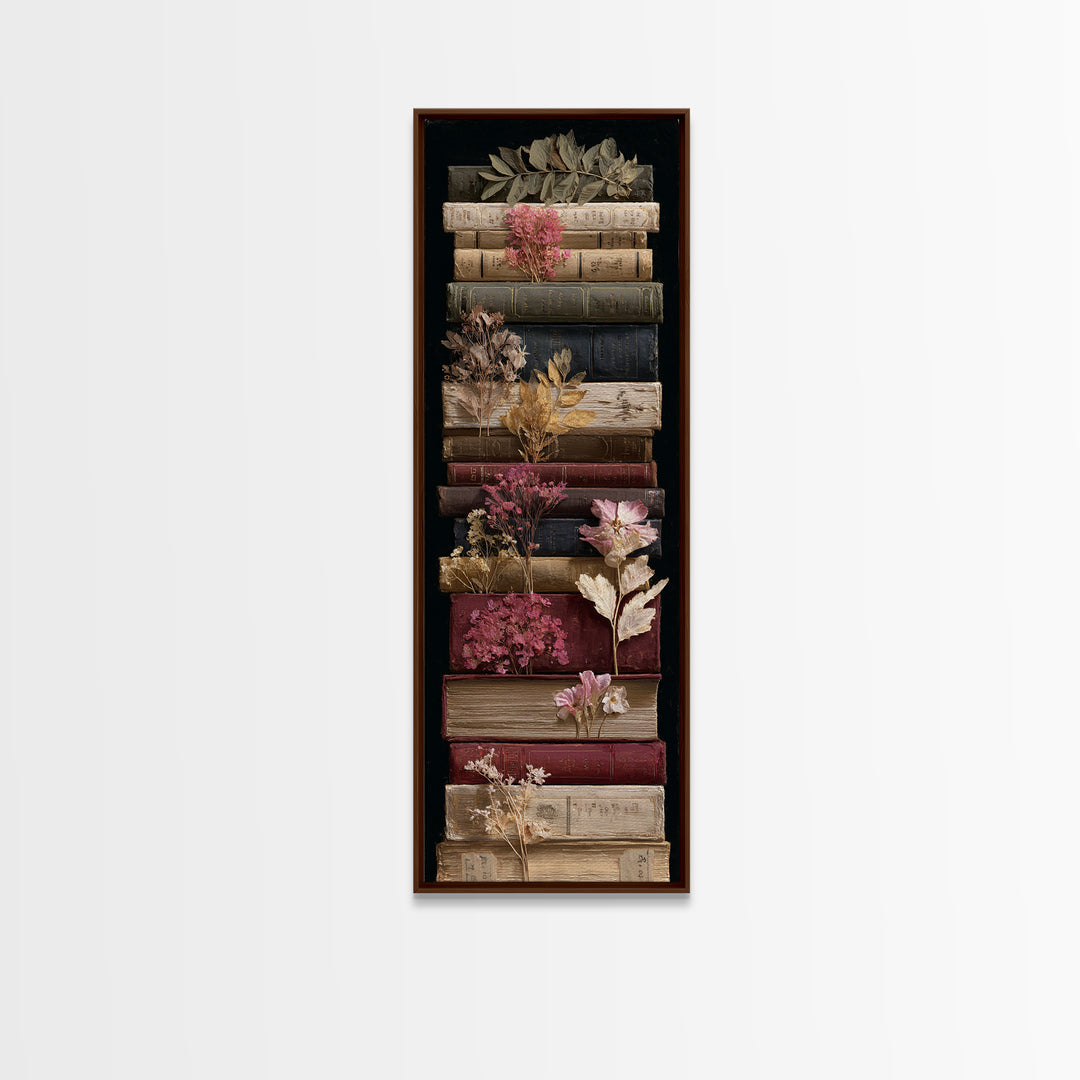 Pressed Flowers Between Book Pages Framed Canvas Print, Bookstore Art, Office Art, Bookstore Decor, Oil Painting, Literary, BOO-1x3-79