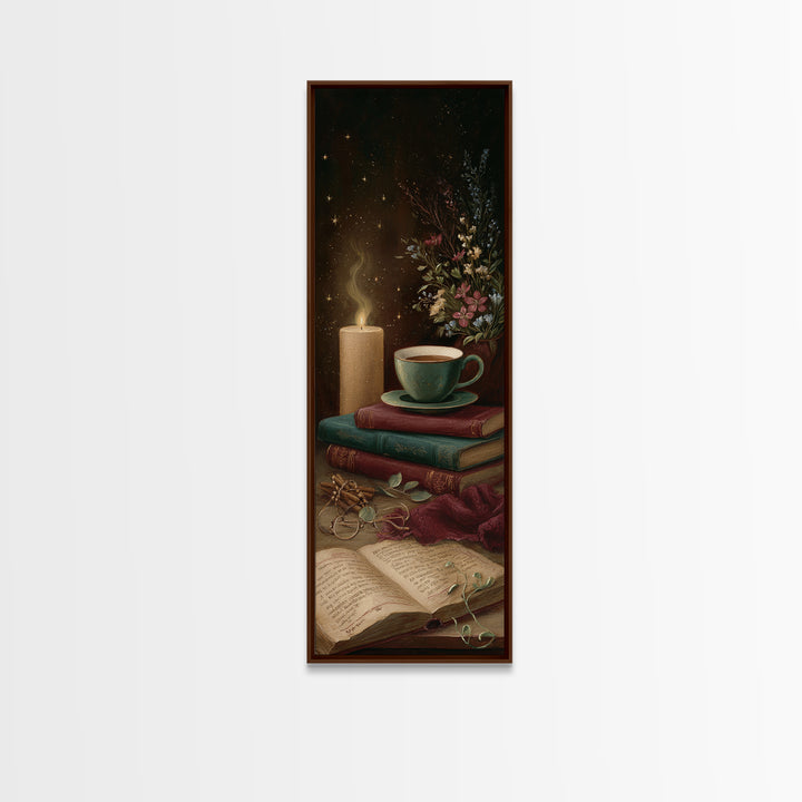 Teacup Beside a Worn Leather Bound Book Framed Canvas Print, Bookstore Art, Office Art, Bookstore Decor, Fine Art, Literary, BOO-1x3-92