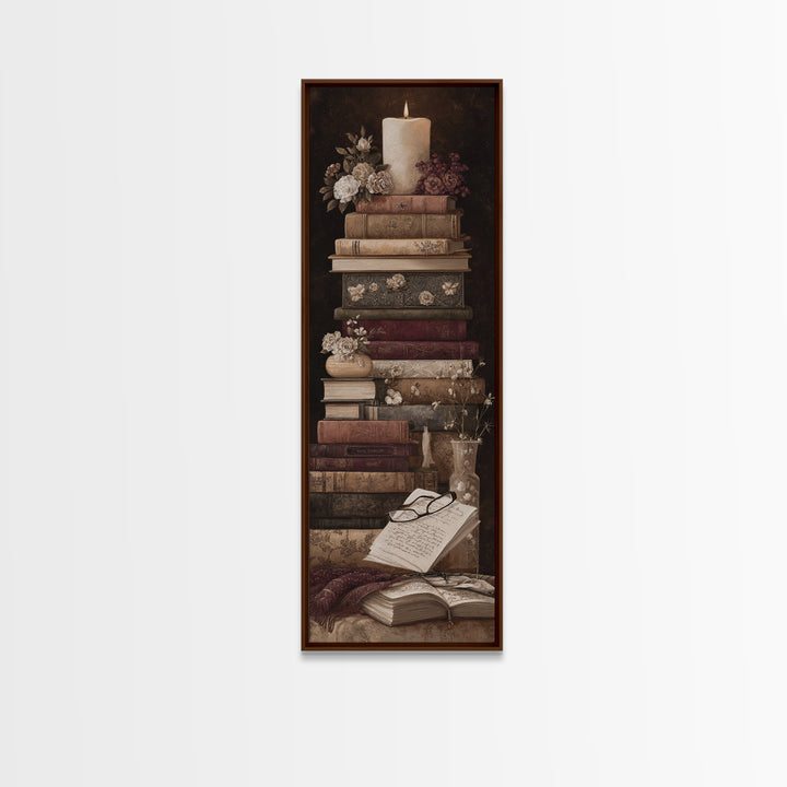 Botanical Bookmark and Open Pages Arrangement Framed Canvas Print, Bookstore Art, Downloadable Art, Bookstore Decor, Literary, BOO-1x3-96