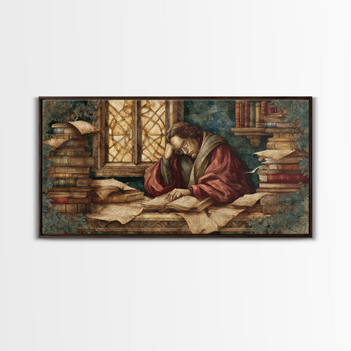 Renaissance Scholar Portrait Framed Canvas Print, Bookstore Art, Feminine Wall Art, Bookstore Decor, Fine Art, Literary, BOO-2x1-19