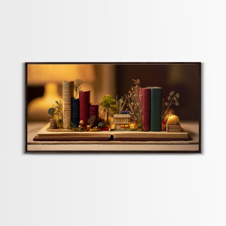 Miniature Garden Growing from an Open Book Canvas Print, Bookstore Art, Textured Painting, Bookstore Decor, Fine Art, Literary, BOO-2x1-66