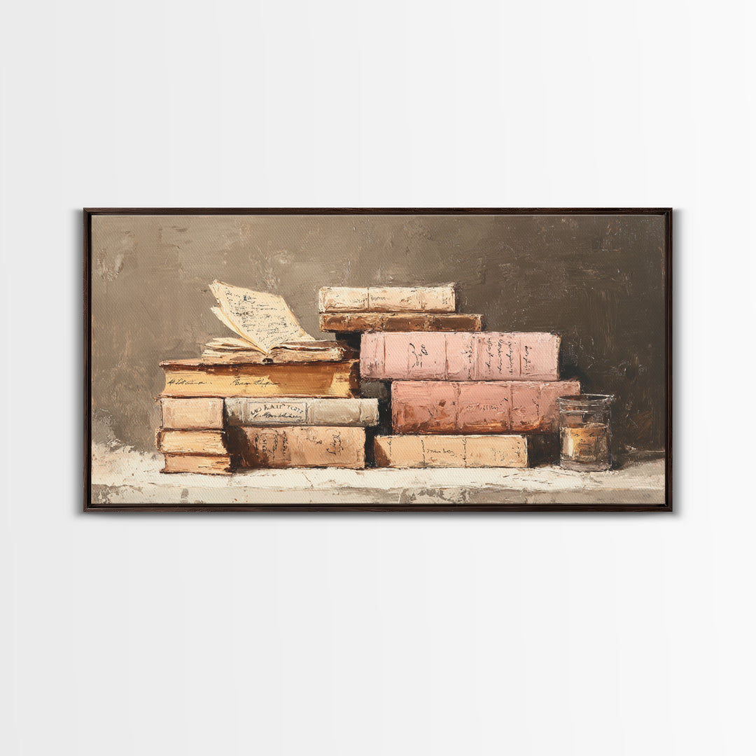 Warm Sepia Book Pile Framed Canvas Print, Bookstore Art, Book Art, Bookstore Decor, Oil Painting, Literary, Feminine Wall Art, BOO-2x1-92