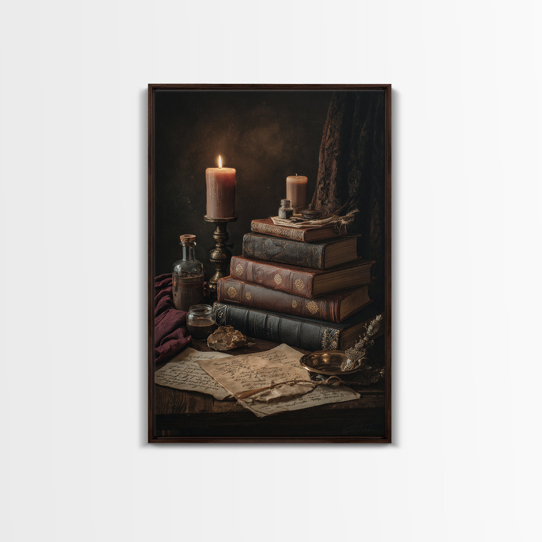 Dark Academia Candle and Book Still Life Framed Canvas Print, Bookstore Art, Pink Wall Art, Bookstore Decor, Fine Art, Literary, BOO-2x3-90