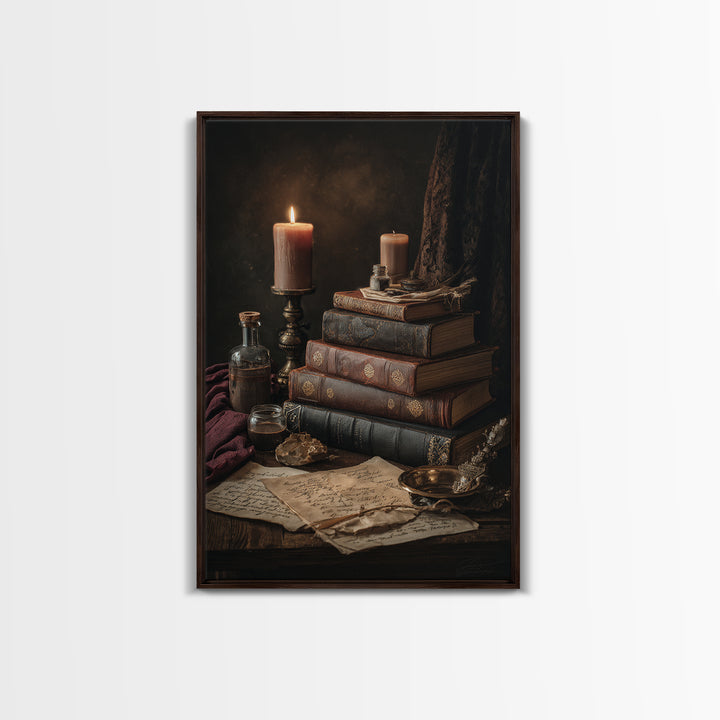 Dark Academia Candle and Book Still Life Framed Canvas Print, Bookstore Art, Pink Wall Art, Bookstore Decor, Fine Art, Literary, BOO-2x3-90