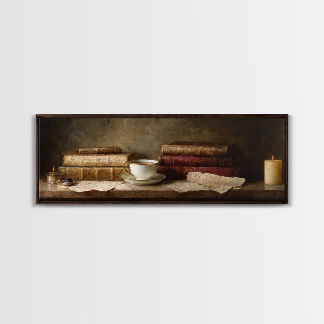 Teacup Beside a Worn Leather Bound Book Framed Canvas Print, Bookstore Art, Home Decor, Bookstore Decor, Fine Art, Literary, BOO-3x1-72