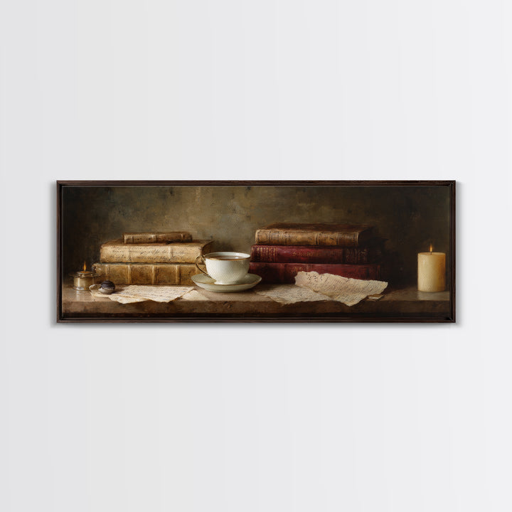 Teacup Beside a Worn Leather Bound Book Framed Canvas Print, Bookstore Art, Home Decor, Bookstore Decor, Fine Art, Literary, BOO-3x1-72