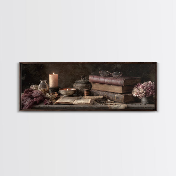 Dark Academia Candle and Book Still Life Framed Canvas Print, Bookstore Art, Office Art, Bookstore Decor, Oil Painting, BOO-3x1-74