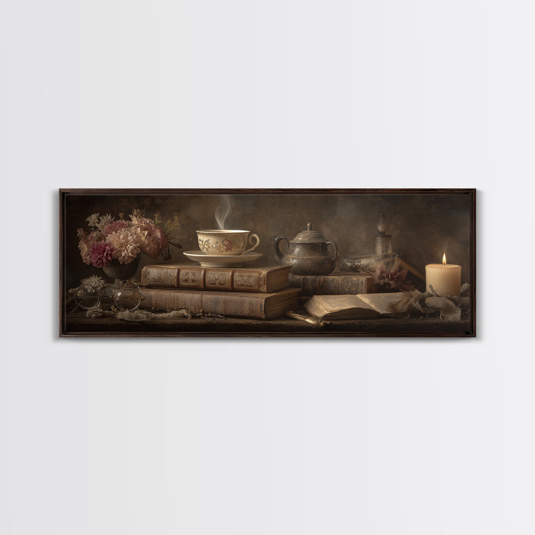 Teacup Beside a Worn Leather Bound Book Canvas Print, Bookstore Art, Wall Decor, Bookstore Decor, Fine Art, Literary, BOO-3x1-96