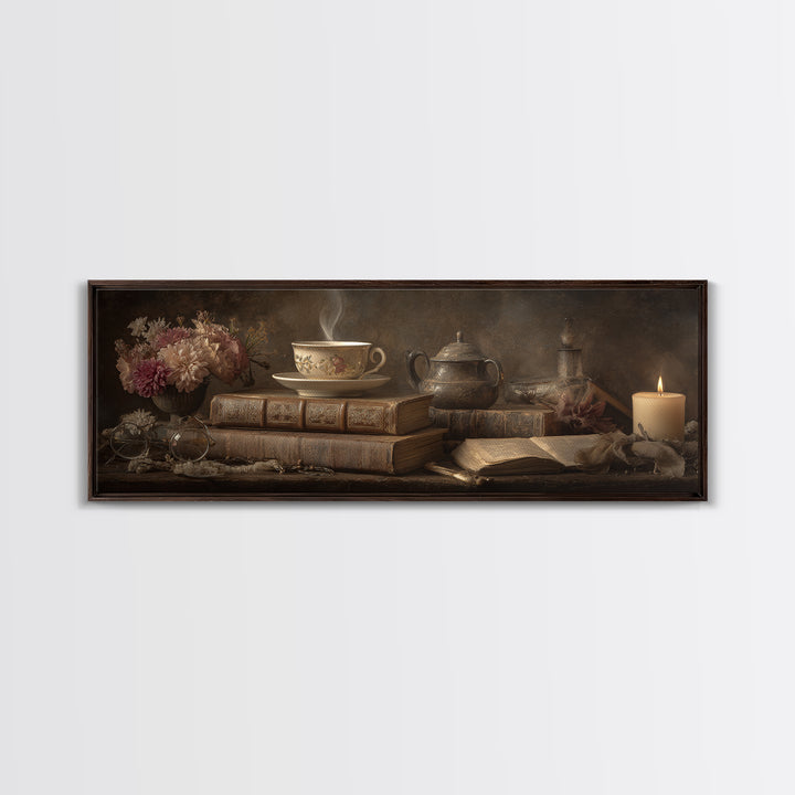 Teacup Beside a Worn Leather Bound Book Canvas Print, Bookstore Art, Wall Decor, Bookstore Decor, Fine Art, Literary, BOO-3x1-96