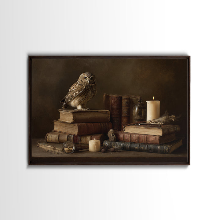 Owl Perched on a Stack of Classics Canvas Print, Bookstore Art, Book Wall Art, Bookstore Decor, Oil Painting, Literary, BOO-3x2-37