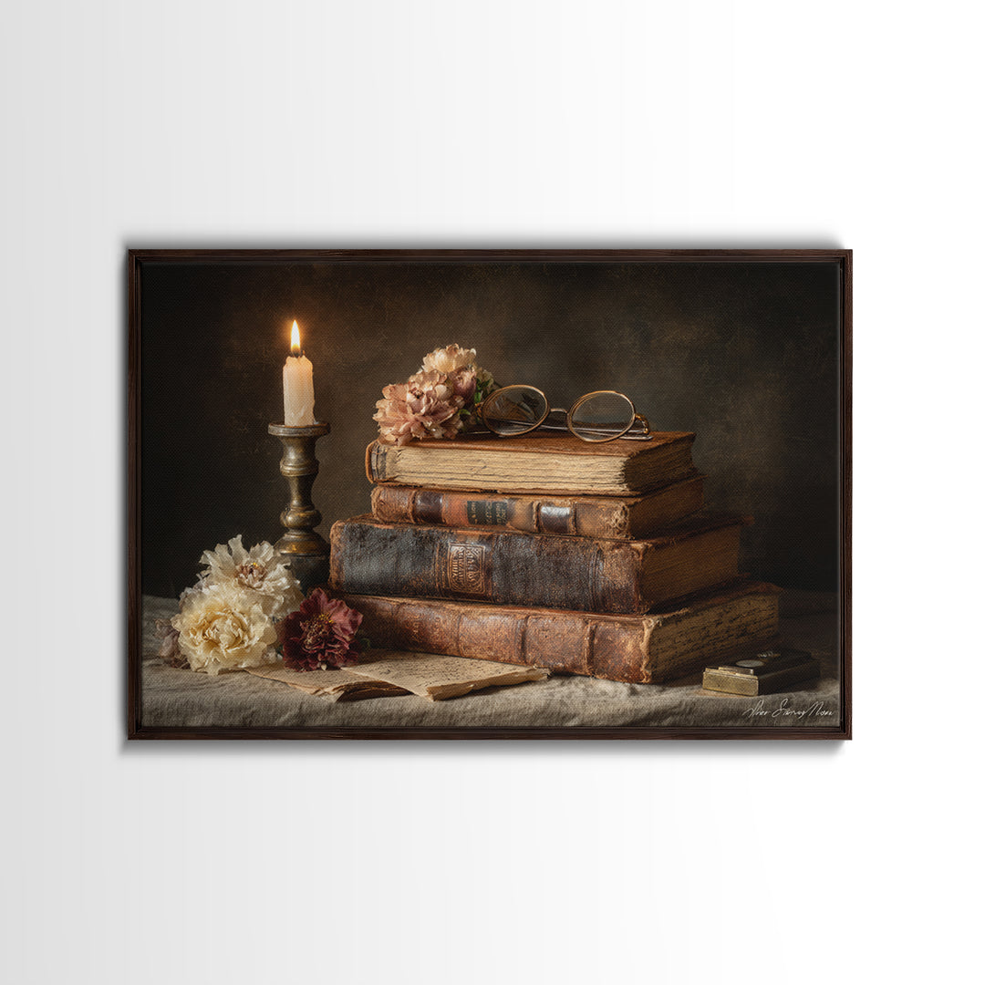 Dark Academia Candle and Book Still Life Canvas Print, Bookstore Art, Vertical Wall Art, Bookstore Decor, Fine Art, Literary, BOO-3x2-62