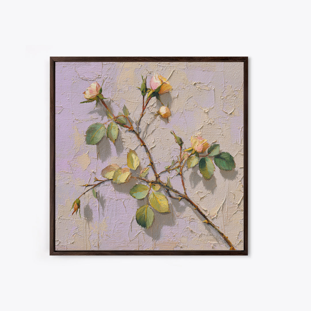 Wild Rose Branch Framed Canvas Print, Botanical Art, Sage Green Wall Art, Living Room Decor, Oil Painting, Botanic, BOT-1x1-70