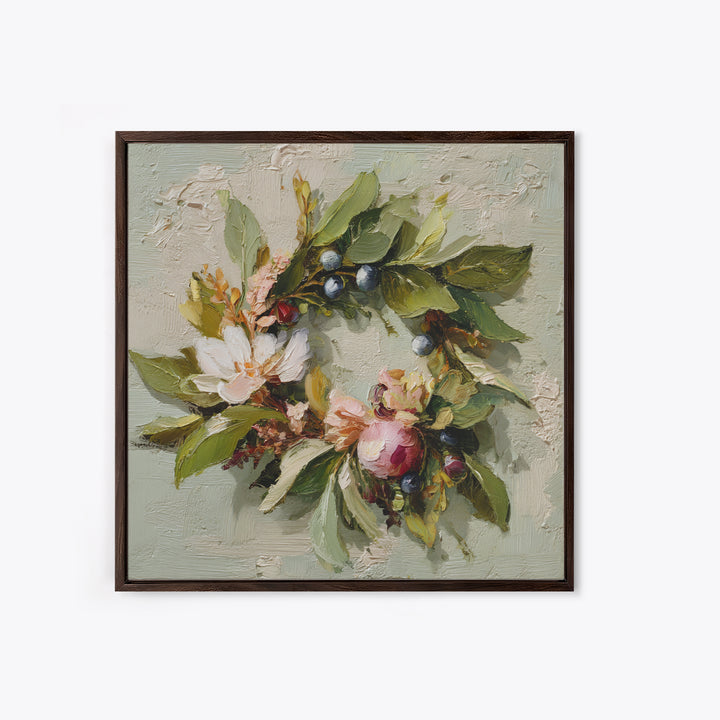 Botanical Wreath with Leaves Berries and Flowers Framed Canvas Print, Botanical Art, Art Print, Living Room Decor, Botanic, BOT-1x1-96