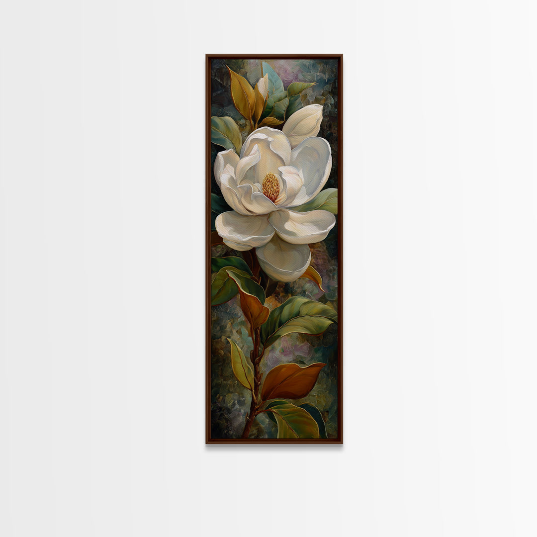 Dramatic White Magnolia on Dark Background Canvas Print, Botanical Art, Neutral Decor, Living Room Decor, Oil Painting, Botanic, BOT-1x3-18