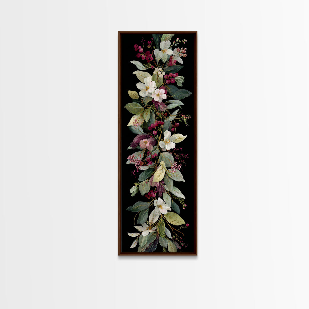 Botanical Wreath with Leaves Berries and Flowers Canvas Print, Botanical Art, Oil Painting, Living Room Decor, Botanic, BOT-1x3-60
