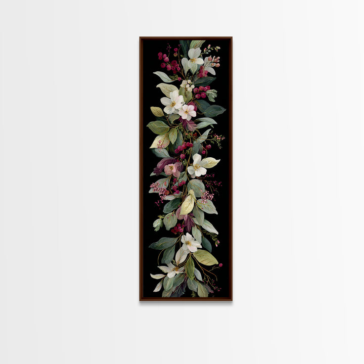 Botanical Wreath with Leaves Berries and Flowers Canvas Print, Botanical Art, Oil Painting, Living Room Decor, Botanic, BOT-1x3-60