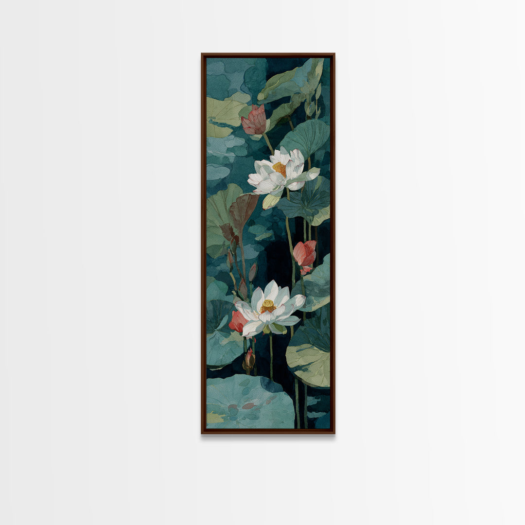 Lotus Flower and Lily Pads on Still Framed Canvas Print, Botanical Art, Sage Green Wall Art, Living Room Decor, Oil Painting, BOT-1x3-79