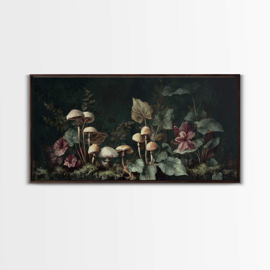 Mushrooms and Moss Botanical Field Study Framed Canvas Print, Botanical Art, Living Room Decor, Watercolor Art, Botanic, BOT-2x1-29