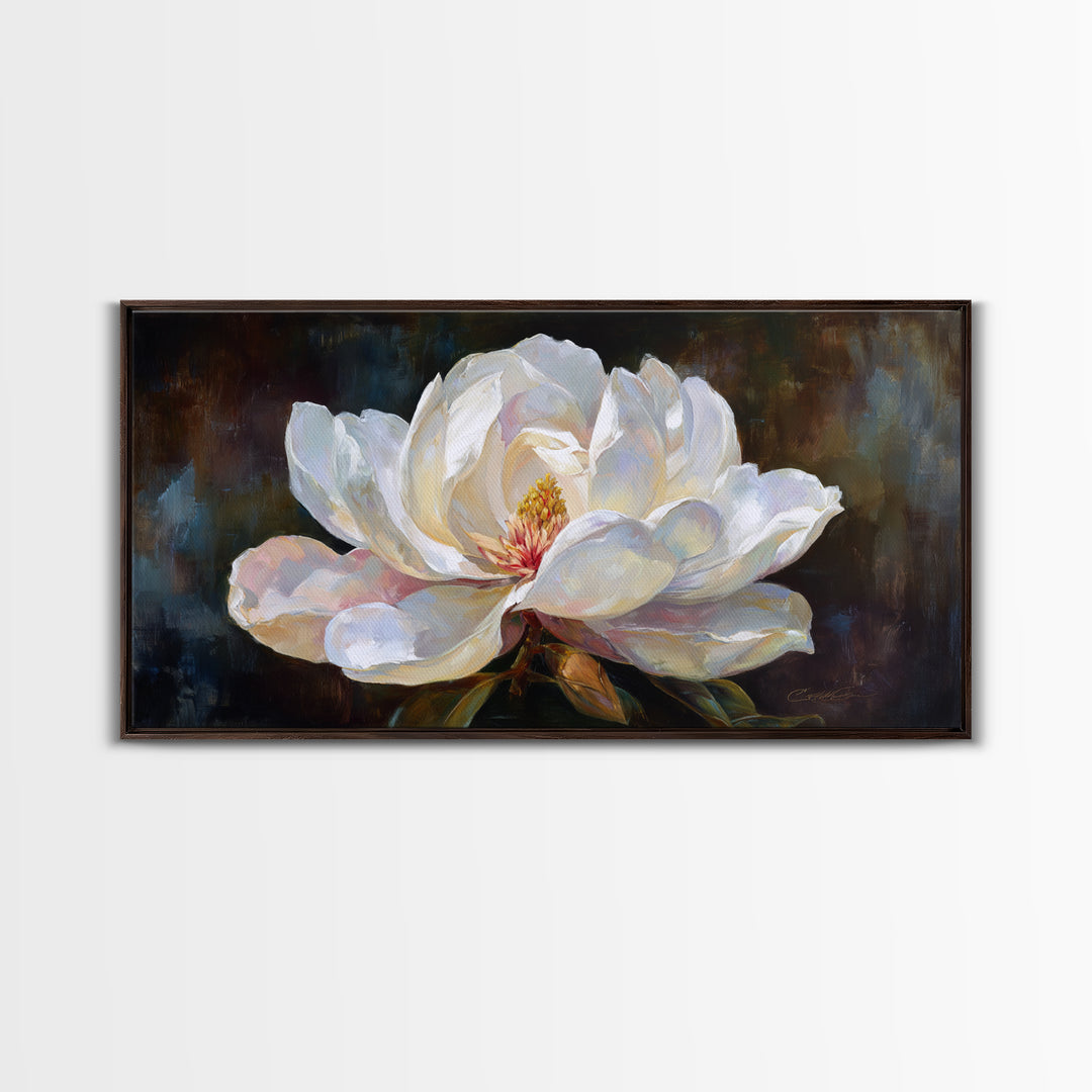 Dramatic White Magnolia on Dark Background Framed Canvas Print, Botanical Art, Art, Living Room Decor, Oil Painting, Botanic, BOT-2x1-50