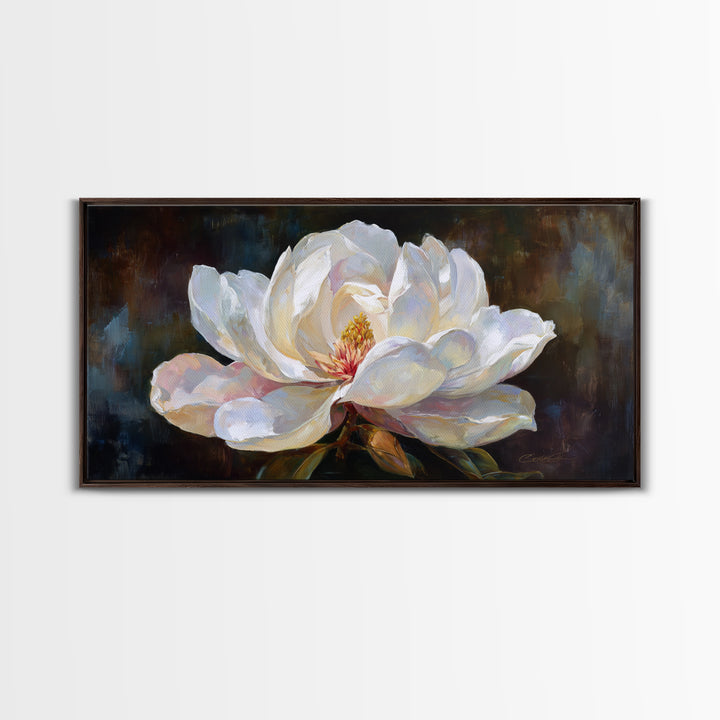 Dramatic White Magnolia on Dark Background Framed Canvas Print, Botanical Art, Art, Living Room Decor, Oil Painting, Botanic, BOT-2x1-50