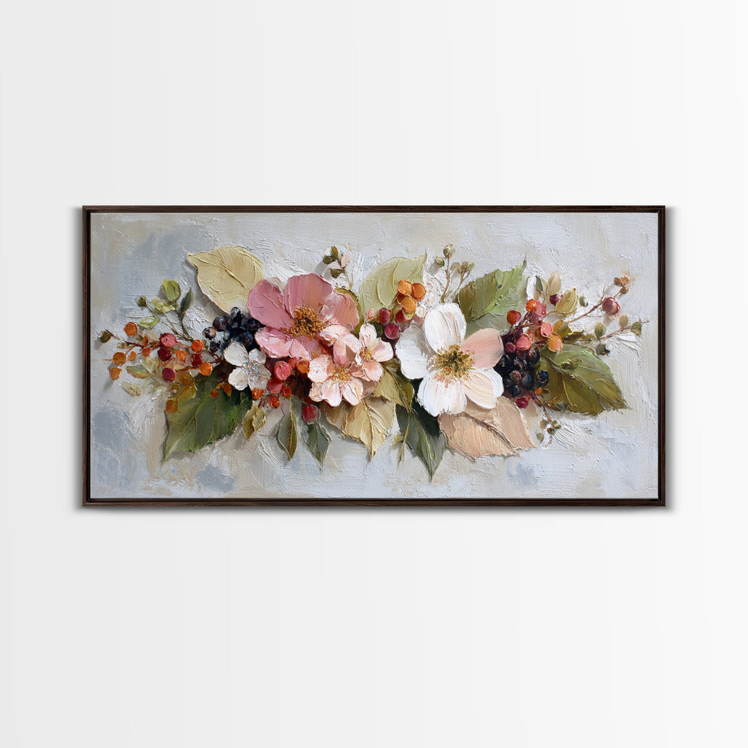 Botanical Wreath with Leaves Berries and Flowers Canvas Print, Botanical Art, Wall Art Prints, Living Room Decor, Botanic, BOT-2x1-68