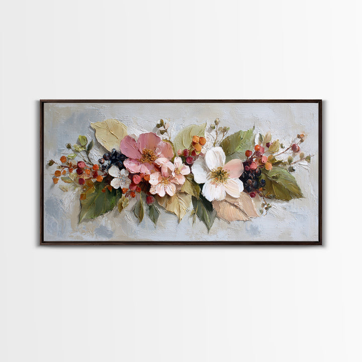 Botanical Wreath with Leaves Berries and Flowers Canvas Print, Botanical Art, Wall Art Prints, Living Room Decor, Botanic, BOT-2x1-68
