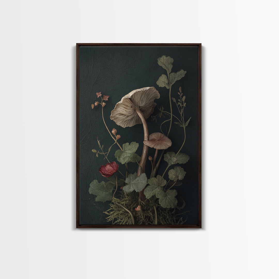Mushrooms and Moss Botanical Field Study Framed Canvas Print, Botanical Art, Oil Painting, Living Room Decor, Fine Art, Botanic, BOT-2x3-17